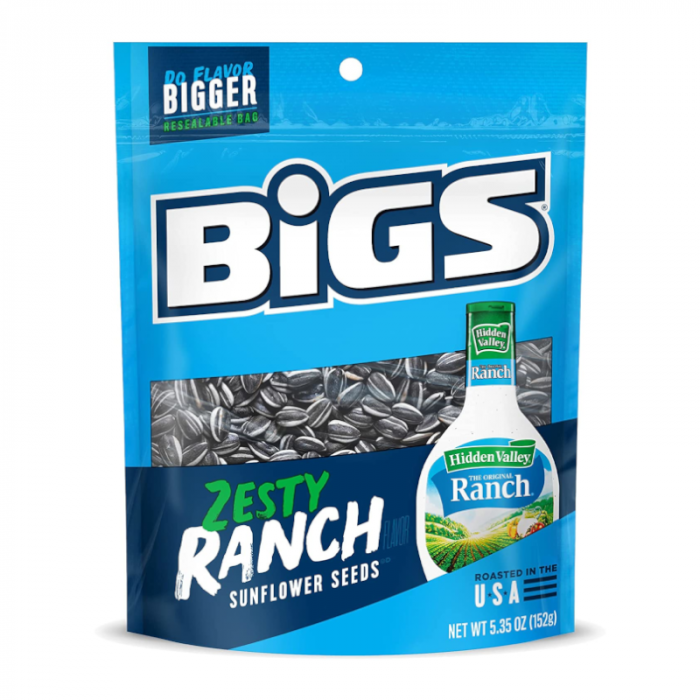 Front of BIGS Sunflower Seeds Zesty Hidden Valley Ranch bag showing the bold logo, zesty ranch flavour label, and sunflower seeds (152g pack)