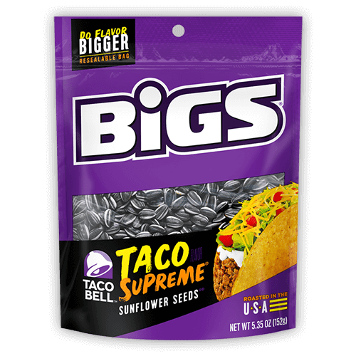 Front of BIGS Sunflower Seeds Taco Bell Supreme bag showing bold logo, vibrant Taco Bell flavour design, and image of sunflower seeds (152g pack)