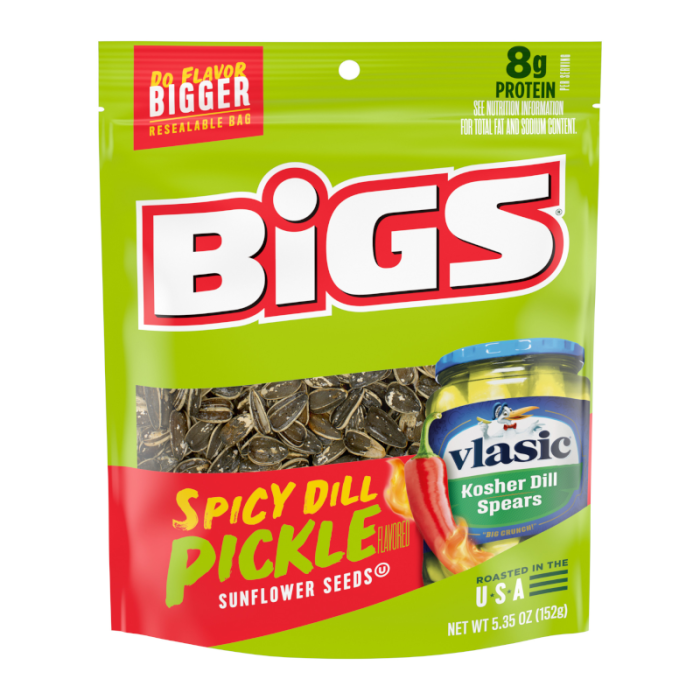 Front of BIGS Vlasic Spicy Dill Sunflower Seeds bag showing bold logo, spicy dill flavour and image of sunflower seeds (152g pack)
