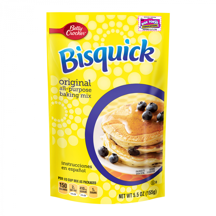 Front of Bisquick All Purpose Baking Mix bag showing yellow packaging, original baking mix label, and image of pancakes with blueberries (155g pack)
