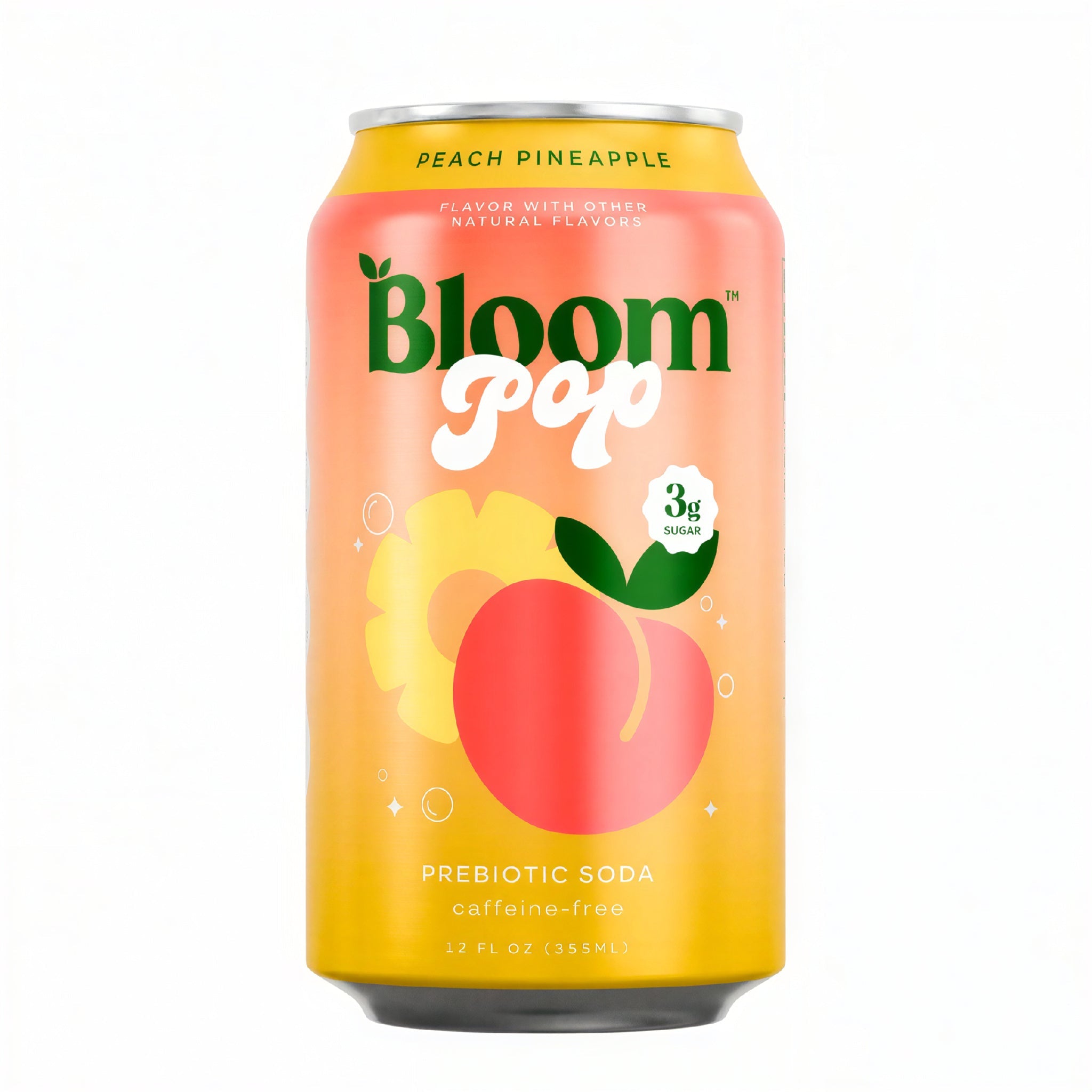 Front of Bloom Pop Peach Pineapple Caffeine Free Prebiotic Soda can showing bright orange design, peach and pineapple graphics, and 355ml size.