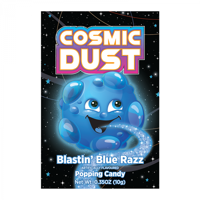 Front of Cosmic Dust Blastin' Blue Razz Popping Candy package featuring blue razz flavour, cartoon blue planet, and space-themed design (10g pack)