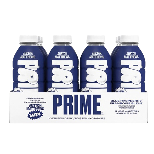 Front of Prime Hydration Auston Matthews Limited Edition showing blue raspberry flavour label, logo, and 500ml bottles in a 12 pack.