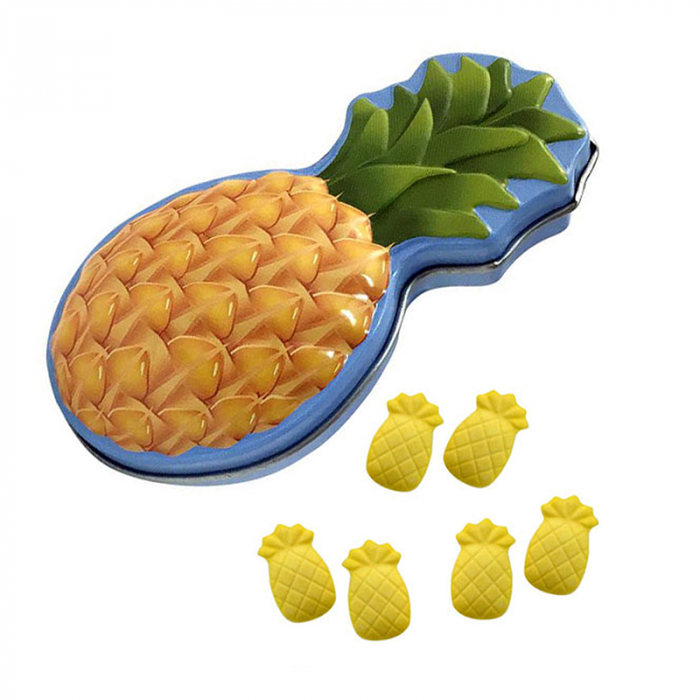 Front of Aloha Pineapple Candy Tin featuring a vibrant pineapple design, with visible product name and a 20g pack size