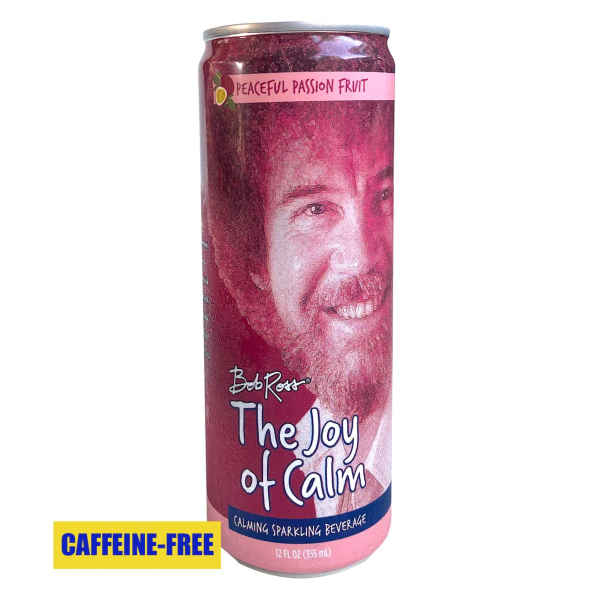 Front of Bob Ross The Joy of Calm Drink can featuring a calming design, peaceful passion fruit flavour label, and 355ml size indication.