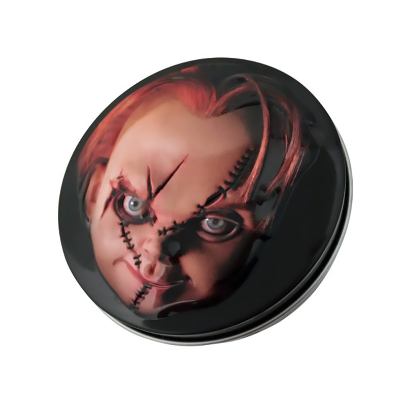 Front of Chucky Childsplay Sour Cherry Knives Candy Tin showing vibrant design with Chucky's face and product name, 34g pack