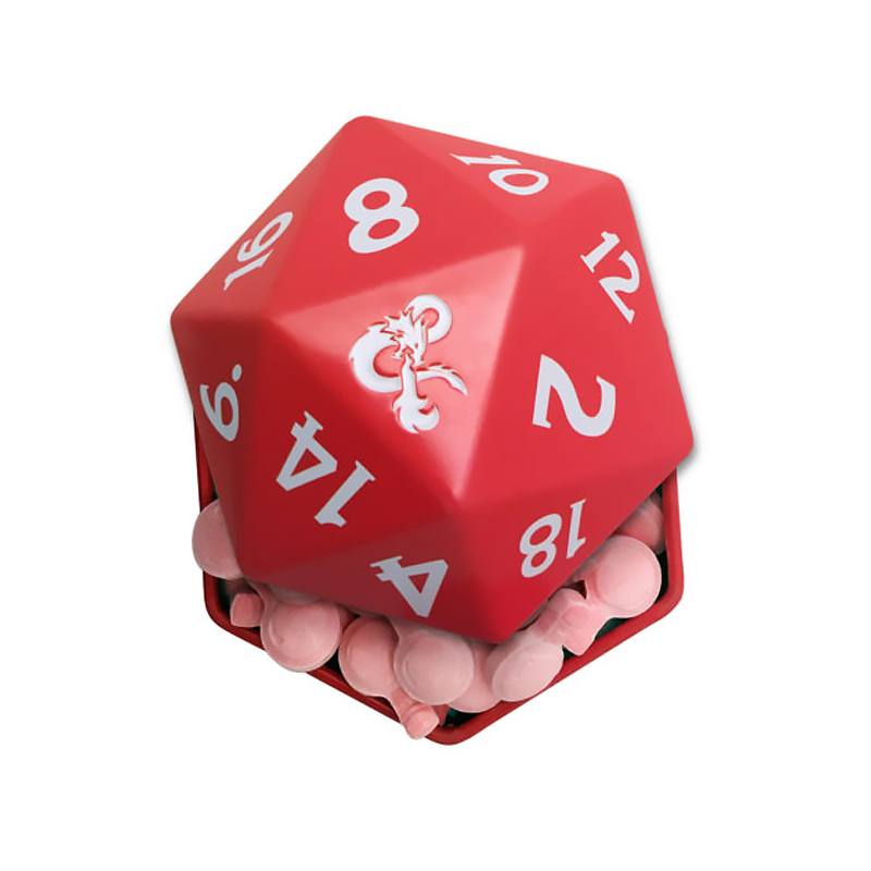 Front of Dungeons & Dragons D20 +1 Cherry Potion Candy Tin showing red D20 shape, logo, and cherry sweets (34g tin)