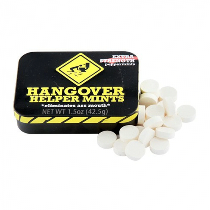 Front of Hangover Helper Mints tin showing bold yellow text on a black background with extra strength peppermint label and 42.5g pack size