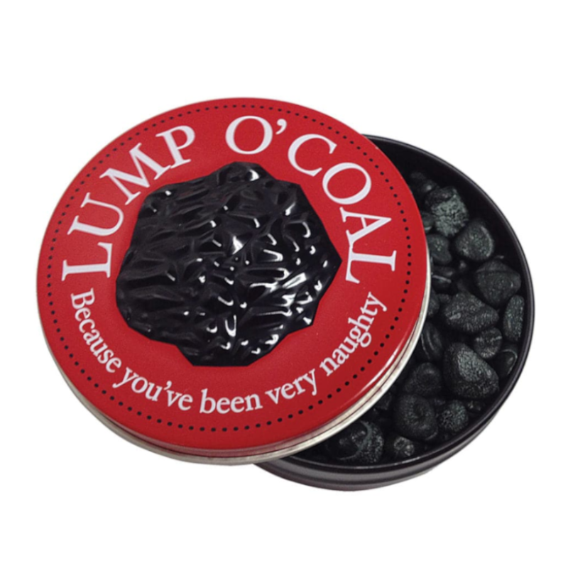 Front of Lump O’Coal Bubblegum Tin showing red label with logo and black coal-shaped candy pieces (28.3g)