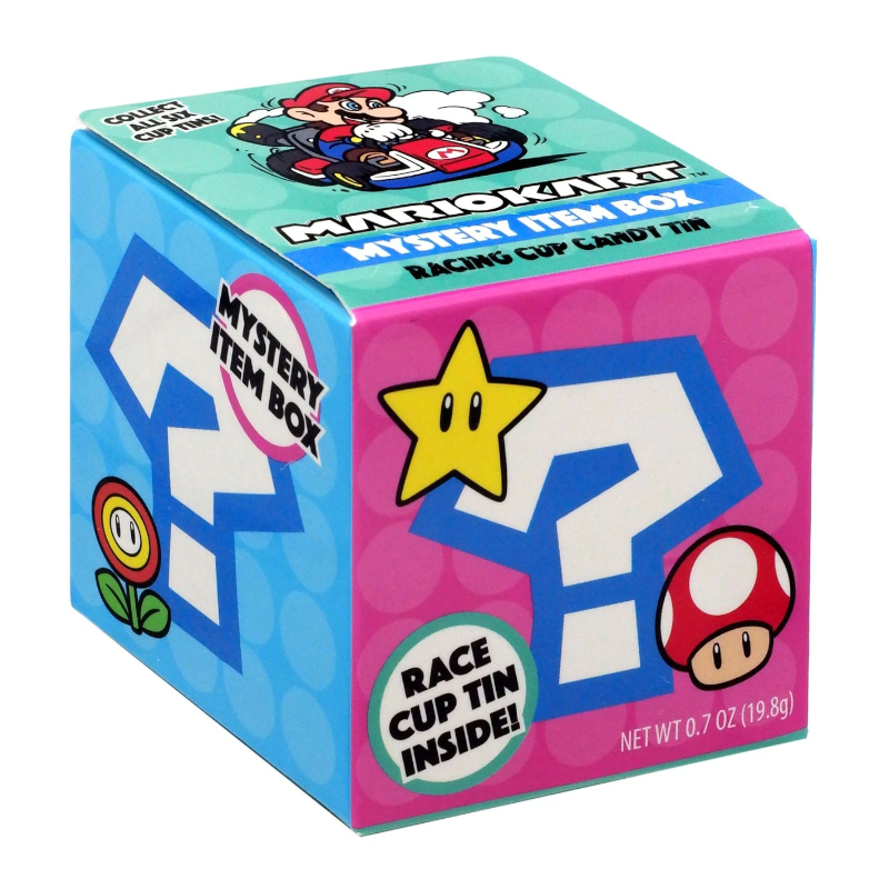 Front of Nintendo Mario Kart Mystery Box showing colourful design with question mark, Mario graphics, and text “Mystery Item Box” with 19.8g pack size.