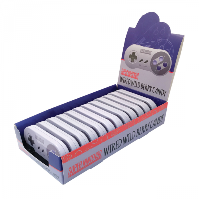 Front of Boston America Nintendo SNES Controller Sours Tin showing wild berry flavour label and iconic controller design (34g)