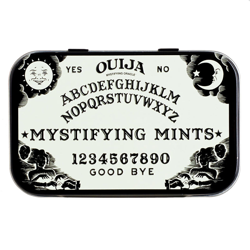 Front of Boston America Ouija Mystifying Mints tin featuring Ouija board design and the product name, 42g pack.