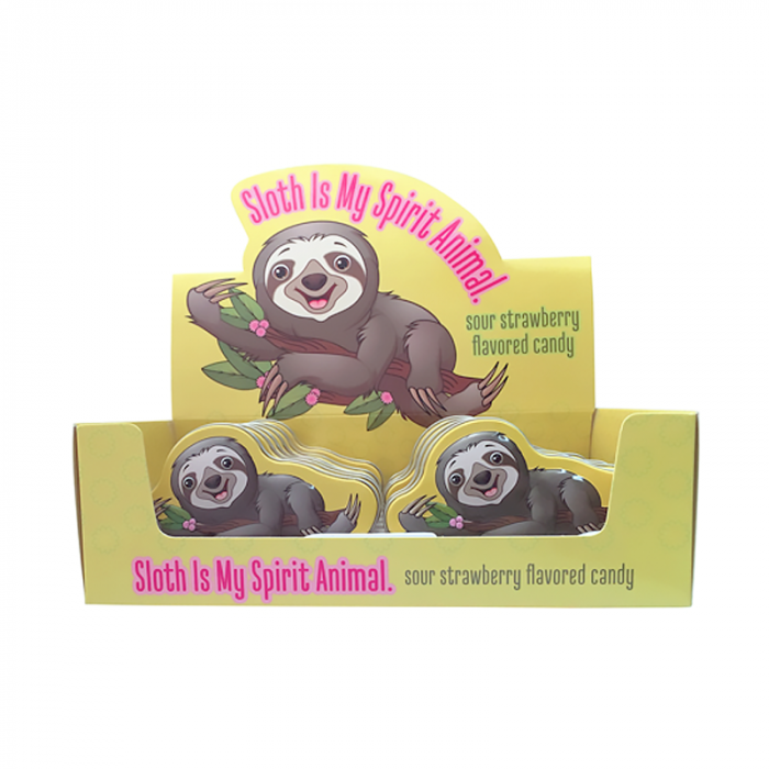 Front of Sloth Is My Spirit Animal Candy Tin showing a colourful sloth design and sour strawberry flavour label (28g pack)