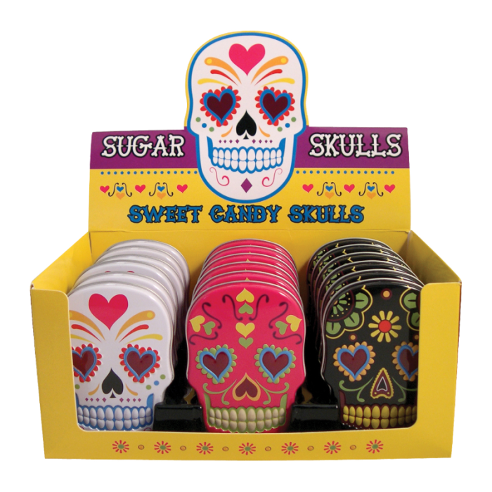 Front of Sugar Skulls Tin displaying colourful skulls and decorative design (39.6g)