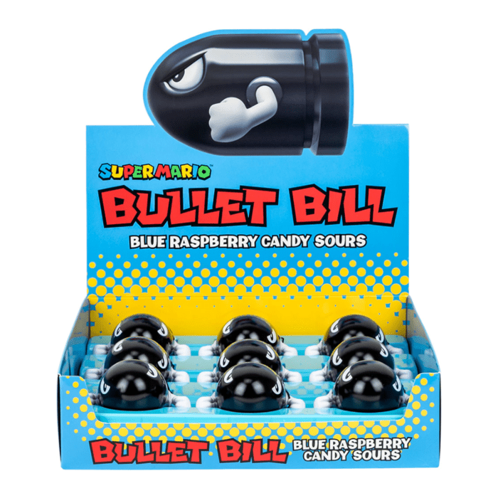 Front of Boston America Super Mario Bullet Bill packaging showing blue raspberry candy sours and vibrant game-themed design (17g pack)