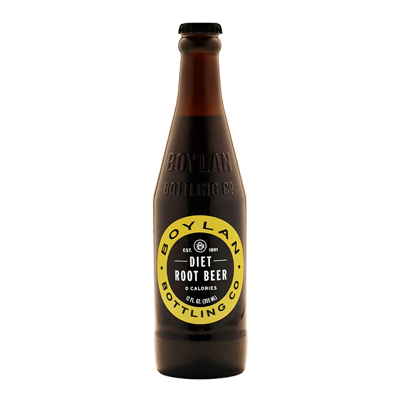 Front of Boylan Diet Root Beer bottle featuring the Boylan logo, 'Diet Root Beer' label, and '0 calories' text (355ml pack)