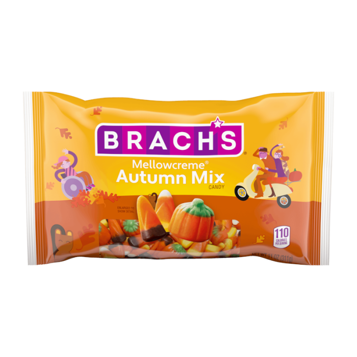 Front of Brach's Mellowcreme Autumn Candy Mix bag featuring autumn-themed candy pieces and colourful fall designs (311g pack)