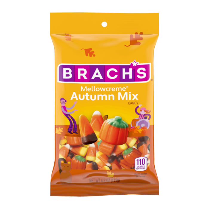 Front of Brach's Mellowcreme Autumn Mix bag showing bright autumn-coloured candies, brand logo, and 119g pack size