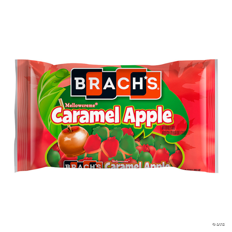 Front of Brach’s Mellowcreme Caramel Apples bag displaying the logo, vibrant caramel apple imagery, and 225g pack size.