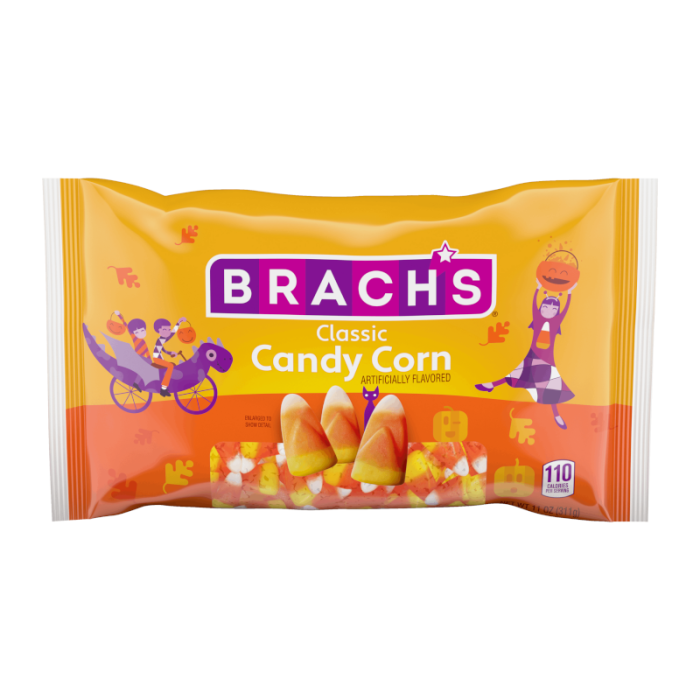 Front of Brach's Classic Candy Corn bag featuring a colourful design, candy corn illustration, and 311g pack size.