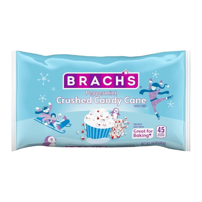 Front of Brach’s Peppermint Crushed Candy Canes bag showing blue packaging, peppermint candy cane pieces, and cupcake illustration (226g pack)