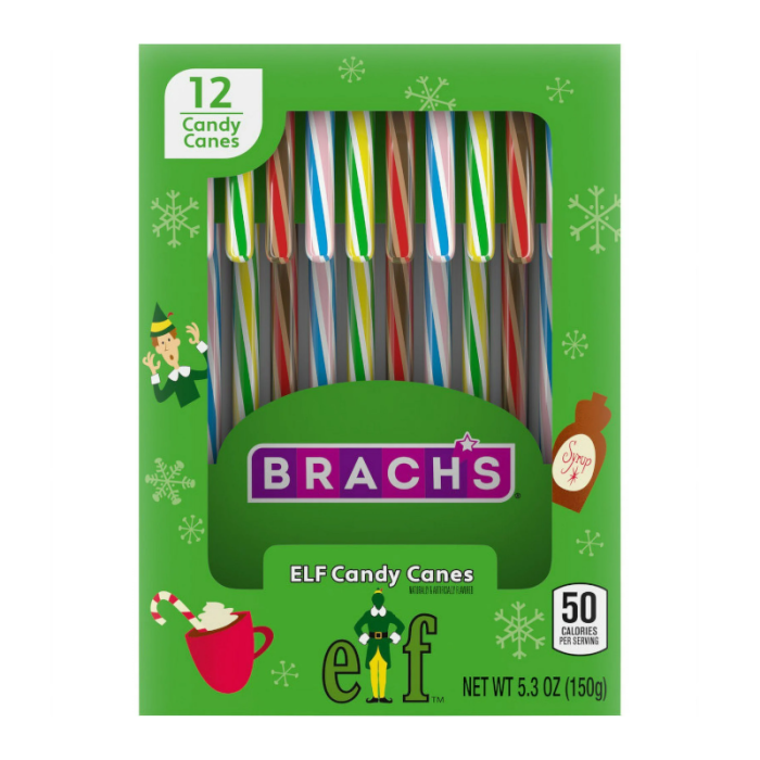 Front of Brach's Elf Candy Canes pack showing vibrant green packaging, festive candy canes, and logo (150g pack)