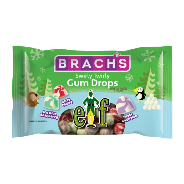 Front of Brach's Elf Swirly Twirly Gum Drops package showing colourful jelly candy, festive imagery, and logo (85g pack)