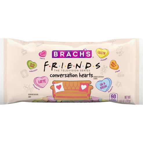 Front of Brach's FRIENDS Conversation Hearts pack featuring logo, colourful candy hearts, and couch illustration (241g pack)