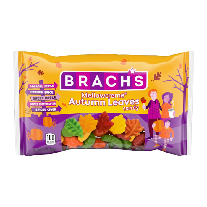 Front of Brach's Mellowcreme Autumn Leaves Candy bag featuring vibrant leaf shapes with caramel apple, pumpkin spice, and other seasonal flavours (226g pack)
