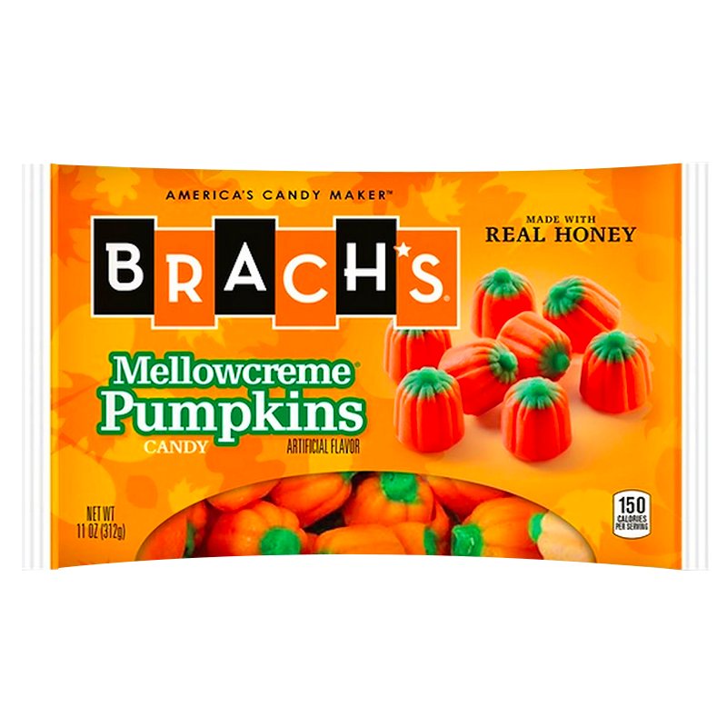 Front of Brach's Mellowcreme Pumpkins bag showcasing the brand logo, vibrant candy pumpkins design, and 311g pack size.
