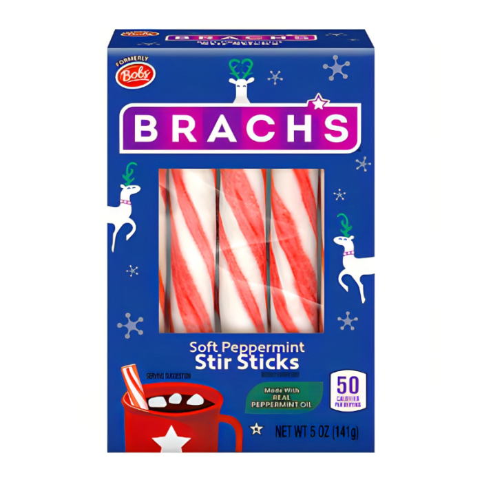 Front of Brach's Soft Peppermint Stir Sticks box showing blue packaging with peppermint sticks, real peppermint oil label, and festive imagery (141g pack)