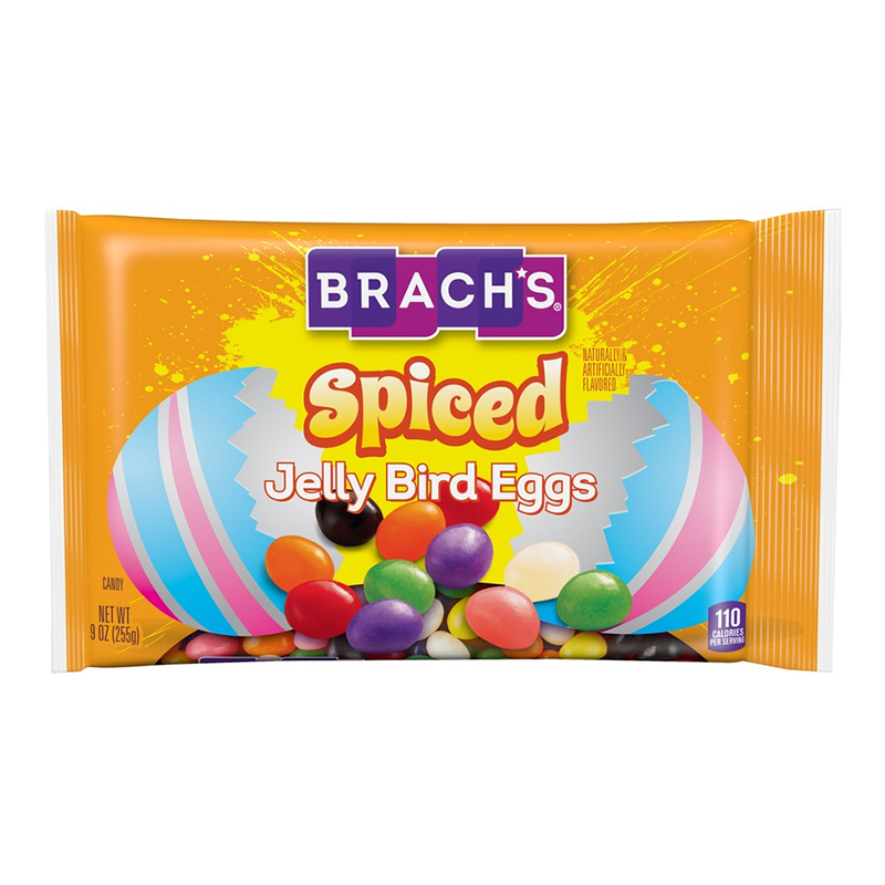 Front of Brach's Spiced Jelly Bird Eggs bag showing bright orange packaging, candy egg visuals, and the product title (255g pack)