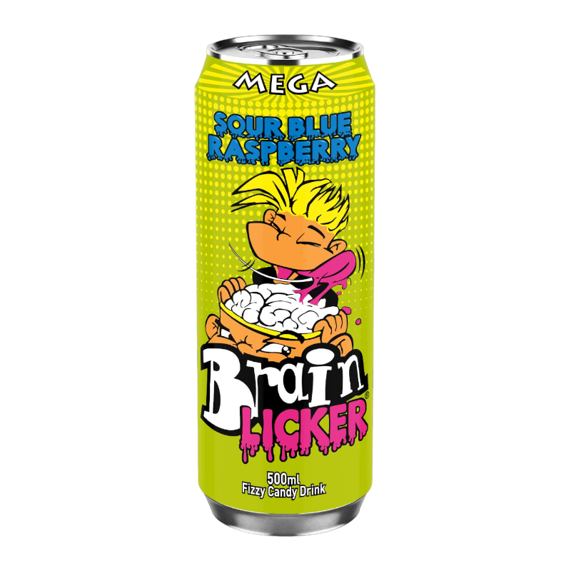 Front of Brain Licker Sour Blue Raspberry Soda can showing bright yellow design, brand name, sour blue raspberry flavour, and 500ml size