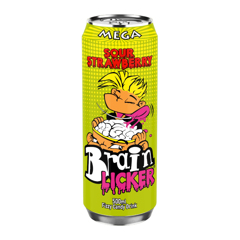 Front of Brain Licker Sour Strawberry Soda can showing vibrant yellow design, sour strawberry flavour label, and 500ml pack size.