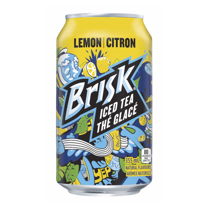 Front of Brisk Iced Tea Lemon Can showing bright yellow design, lemon flavour label, and 355ml details