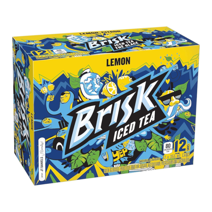 Front of Brisk Iced Tea Lemon Can Case of 12 displaying bold logo, vibrant design, and lemon flavour details (355ml x 12 cans)
