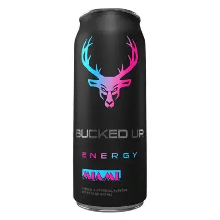 Front of a Bucked Up Energy Miami can displaying vibrant logo and flavour details (473ml)