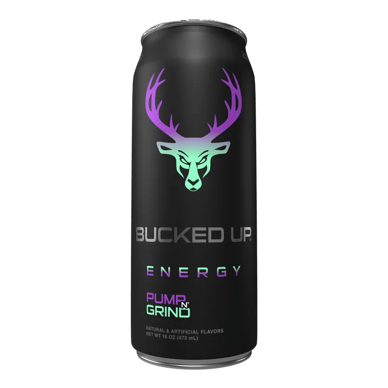 Front of Bucked Up Energy Pump 'N' Grind can displaying logo, vibrant deer graphic, and 473ml label