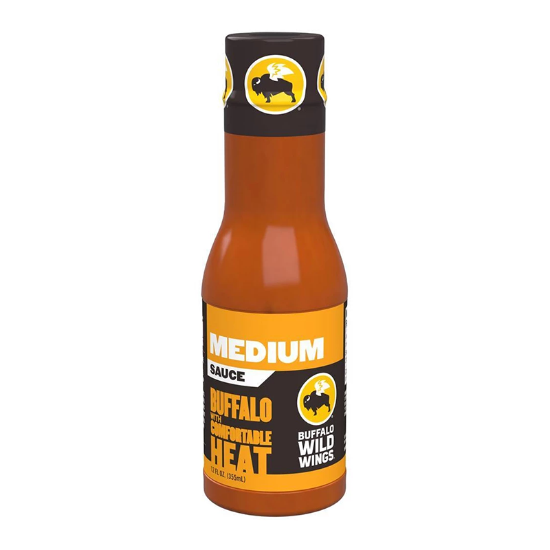 Front of Buffalo Wild Wings Medium Sauce bottle showing the logo, medium heat label, and packaging details (355ml)