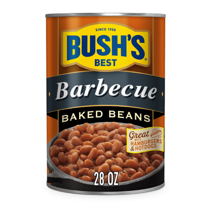 Front of Bush's Best Barbecue Baked Beans can showing brand logo, barbecue flavour, and baked beans in a bowl (794g pack)