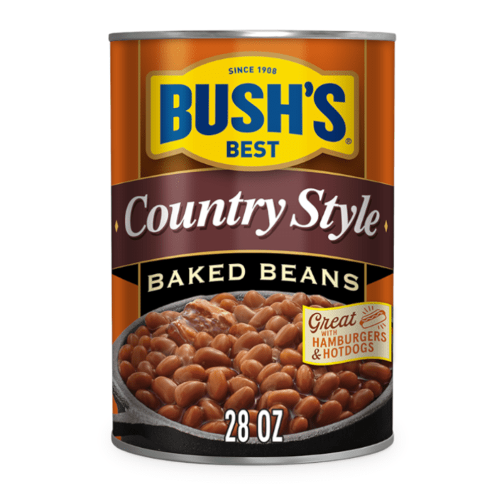 Front of Bush's Best Country Style Baked Beans can featuring the brand name, product name, and 794g pack size.