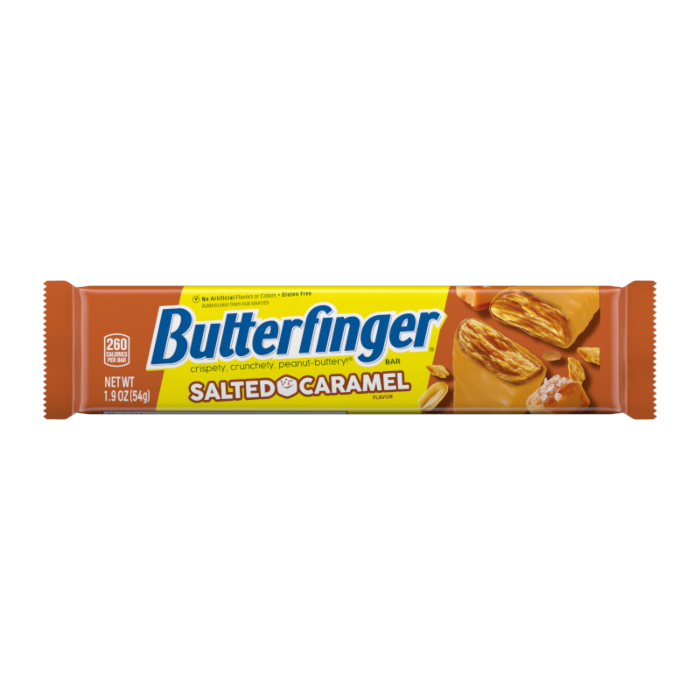 Front of Butterfinger Salted Caramel Bar showing brand logo, salted caramel flavour, and the 54g pack size