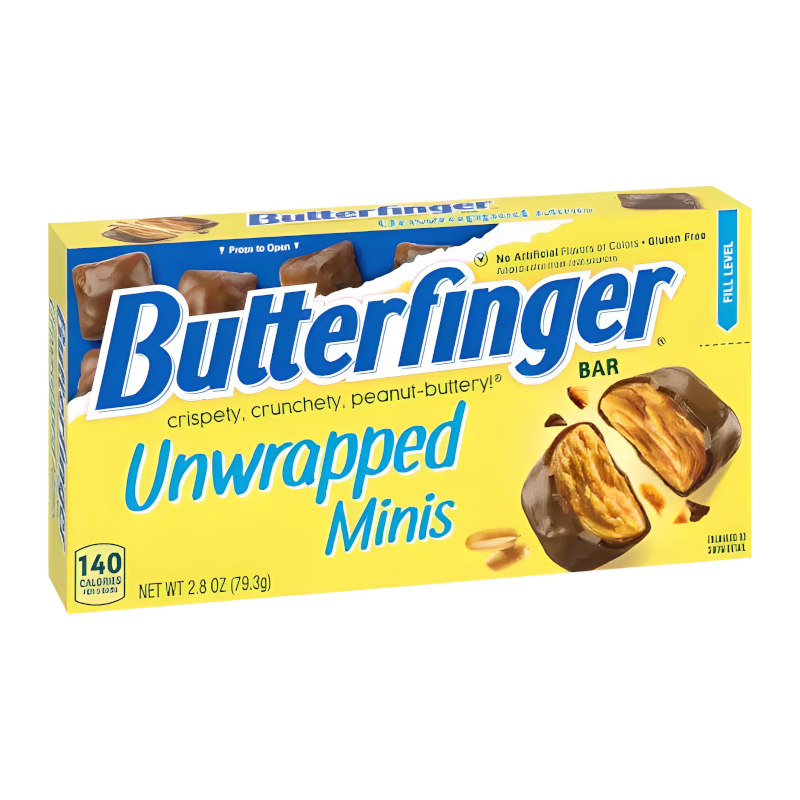 Front of Butterfinger Unwrapped Minis box featuring blue logo, crispy peanut-buttery treats, and pack size of 79.3g