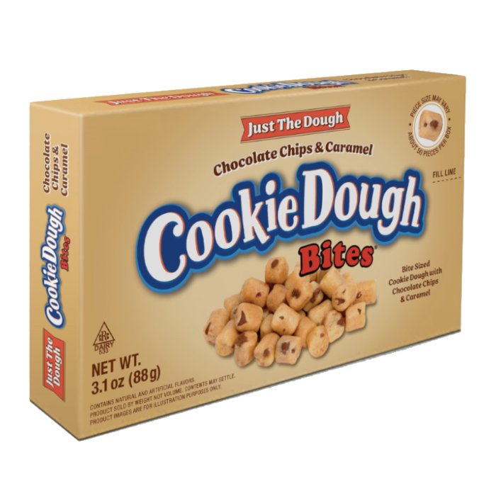 Front of Cookie Dough Bites Just the Dough Choc Chip Caramel Theatre Box showing logo and images of chocolate chip cookie dough pieces (88g)