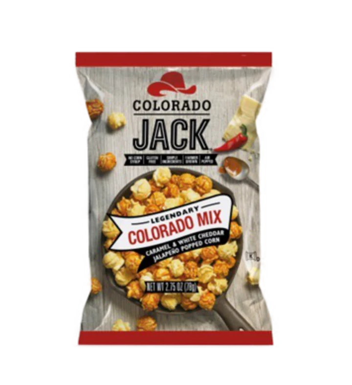 Front of Colorado Jack Colorado Mix Popcorn bag showing caramel and white cheddar jalapeno flavours with a bowl of popcorn (78g pack)