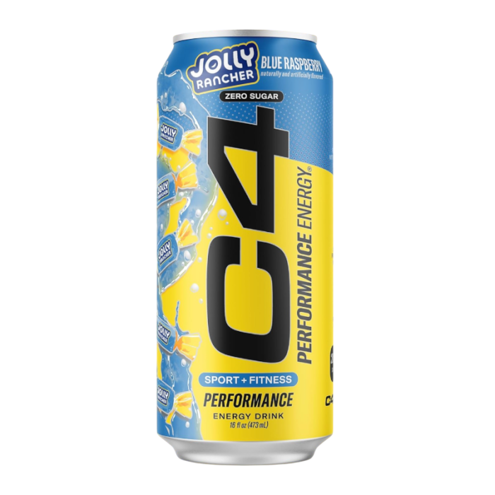 Front of C4 Zero Sugar Energy x Jolly Rancher Blue Raspberry can featuring bright blue packaging, Jolly Rancher branding, and performance energy label (473ml)