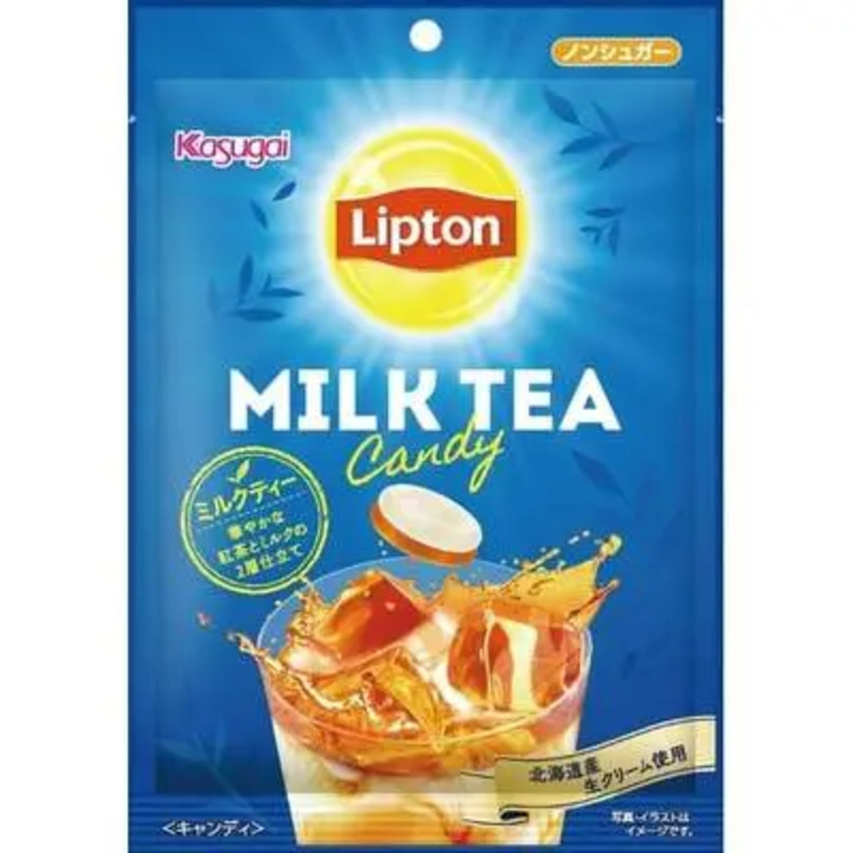 Front of Lipton Milk Tea Candy pack showing bright blue packaging, Lipton logo, and illustration of milk tea with ice (58g)
