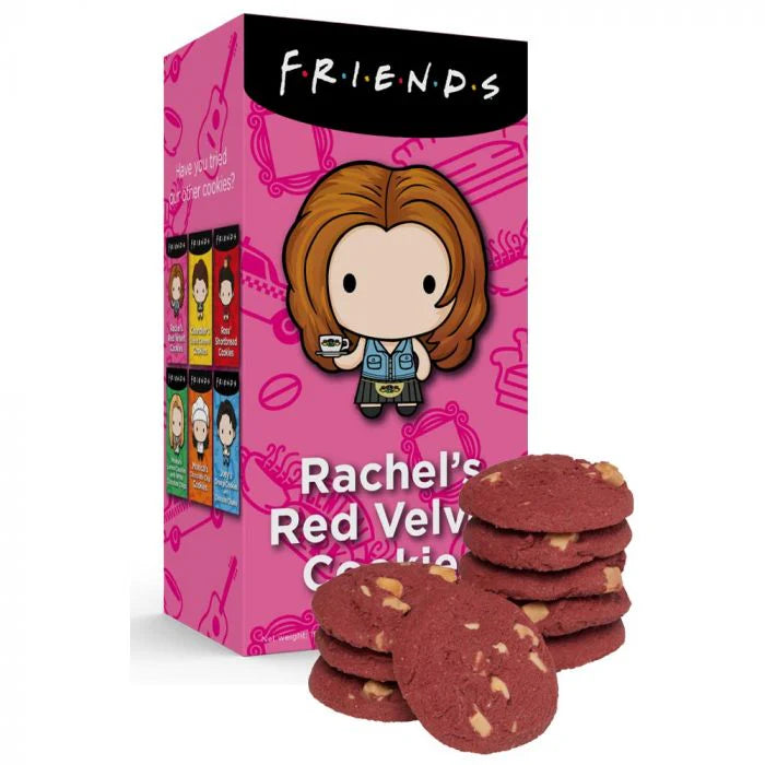Front of Friends Rachel's Red Velvet Cookies packaging featuring a playful design and a stack of red velvet cookies (150g)