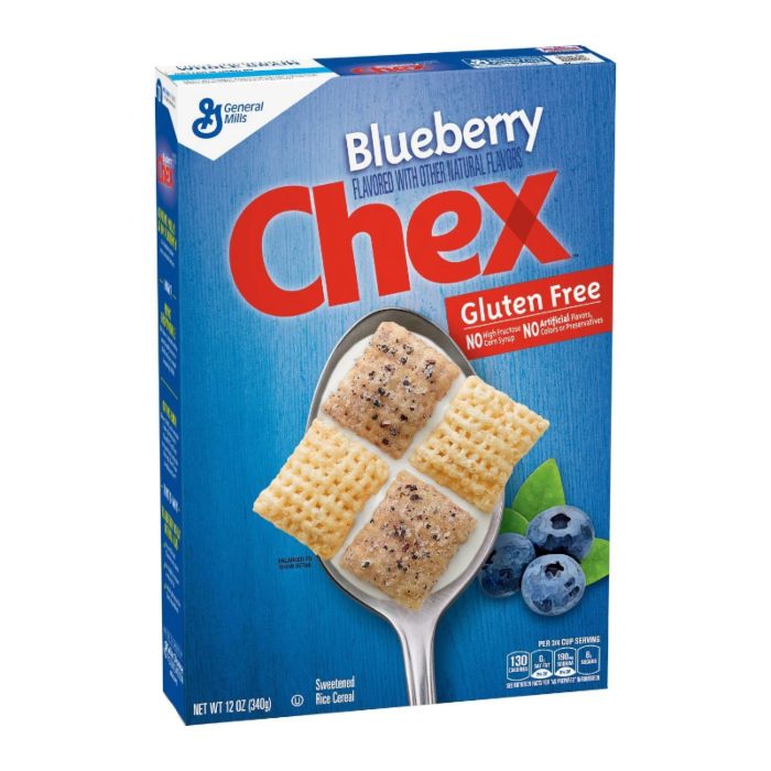 Front of Chex Blueberry Cereal box showing blue packaging, blueberry-flavoured cereal pieces, and gluten-free label (340g pack)