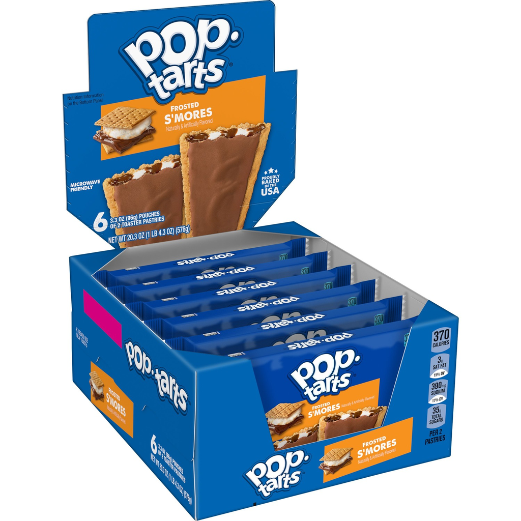 Front of Pop Tarts Frosted S'mores box showing the logo, s'mores flavour, and image of toasted pastries in a 12 pack (576g)